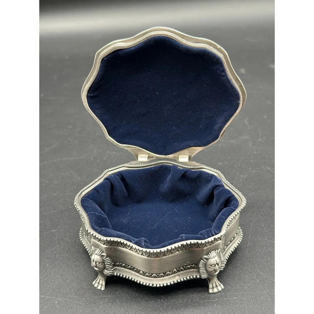 Victorian‎ Style Metal Trinket Box with Lion Feet Scalloped Oval Velvet Interior